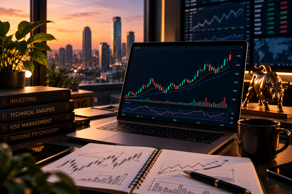 Trading desk with stock charts at sunset